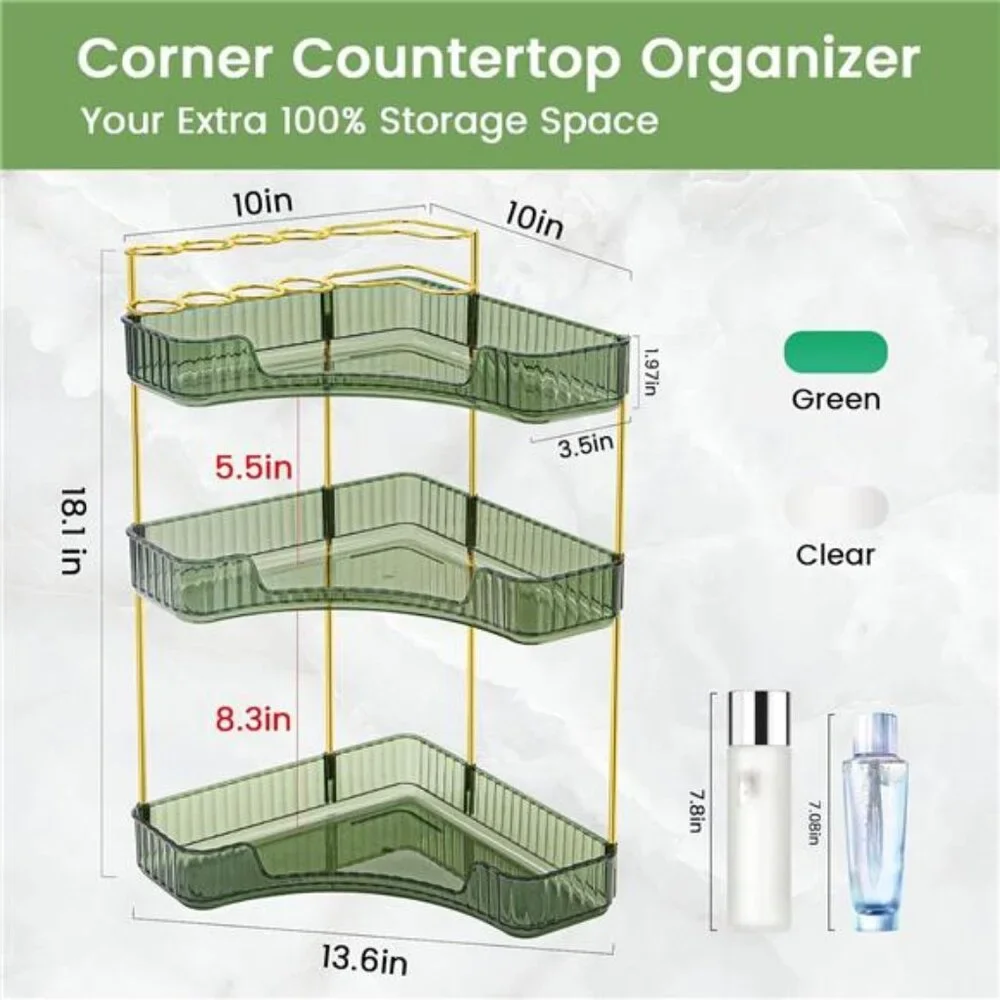NATURE'S SOURCE Makeup Organizer for Vanity, 3-Tier Corner Bathroom Organizer